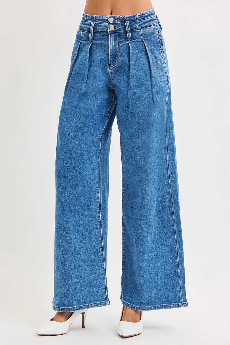 RISEN Full Size Mid Rise Fit Wide Leg with Pleated Detail Jeans Plus Size - cas7m
