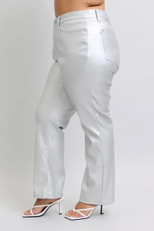 Judy Blue Full Size High Waist Silver Faux Leather Pants Plus Size - cas7m