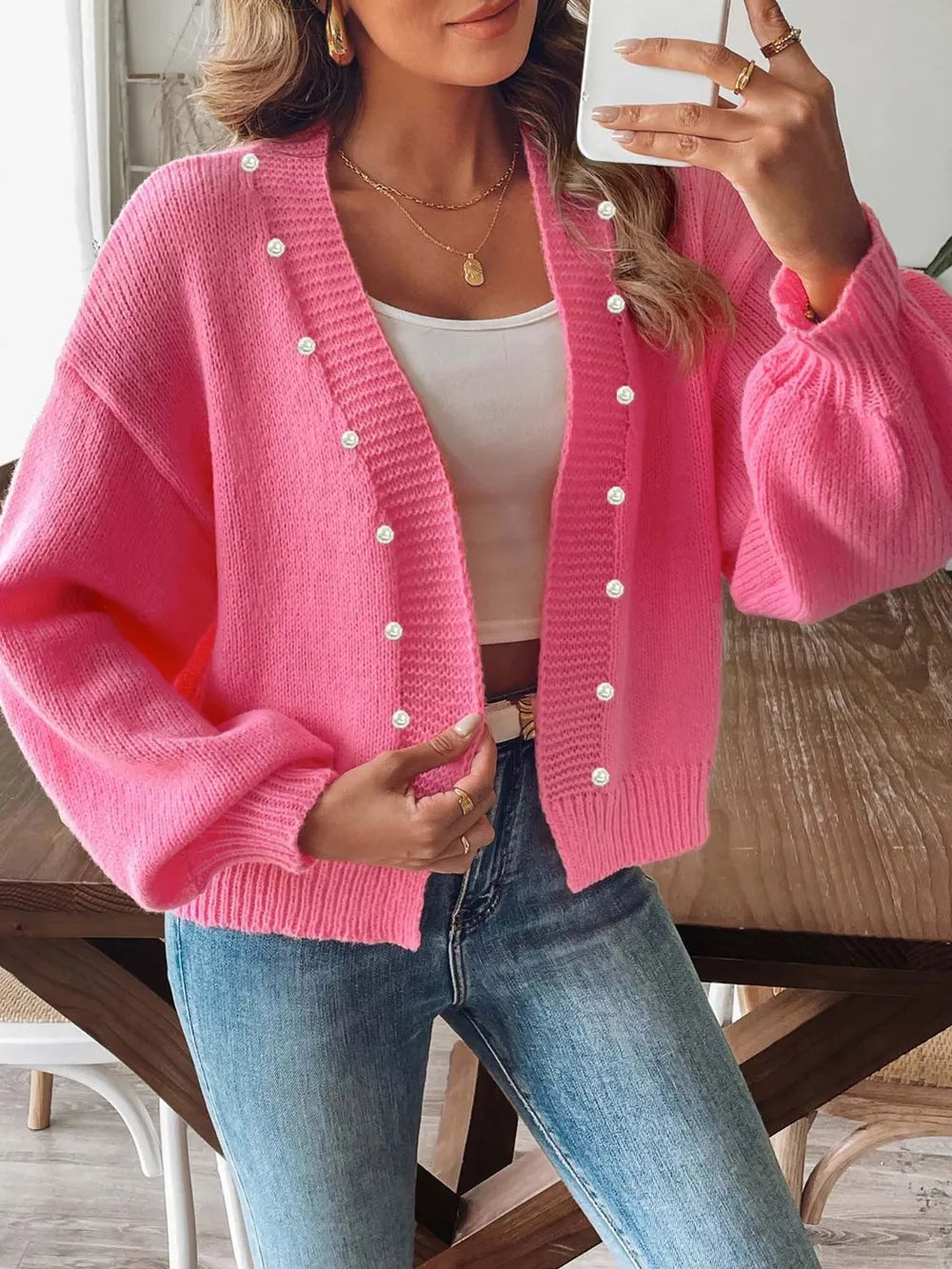 Pearl Open Front Long Sleeve Cardigan - cas7m
