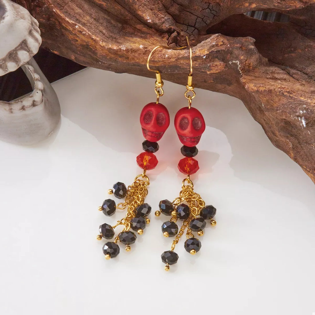 Halloween Skull Beaded Drop Earrings - cas7m
