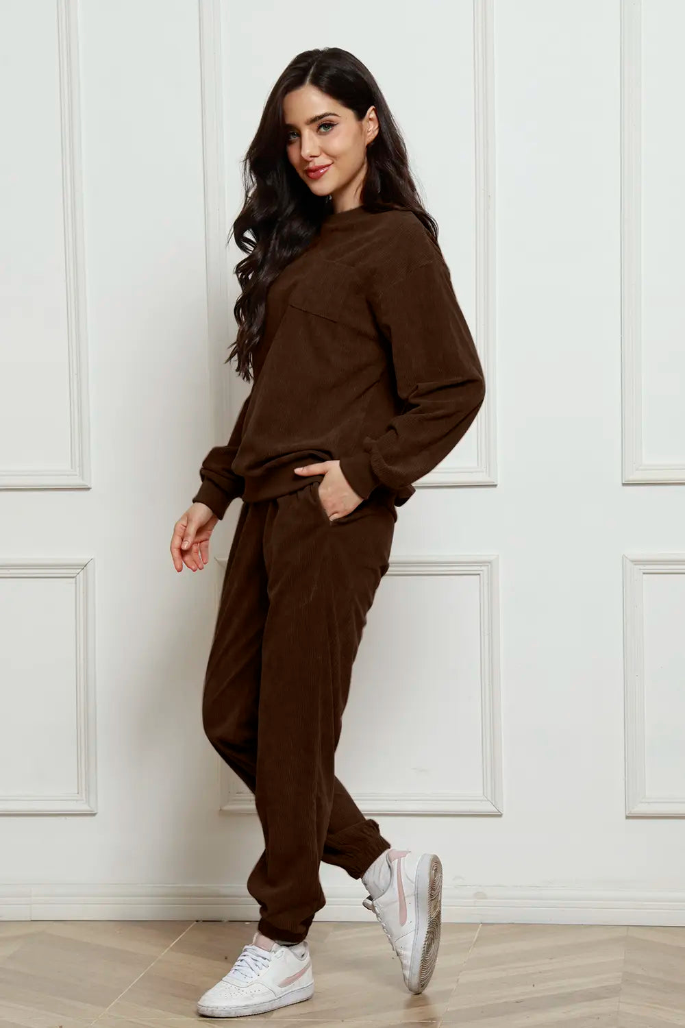 Corduroy Round Neck Sweatshirt and Sweatpants Set - cas7m
