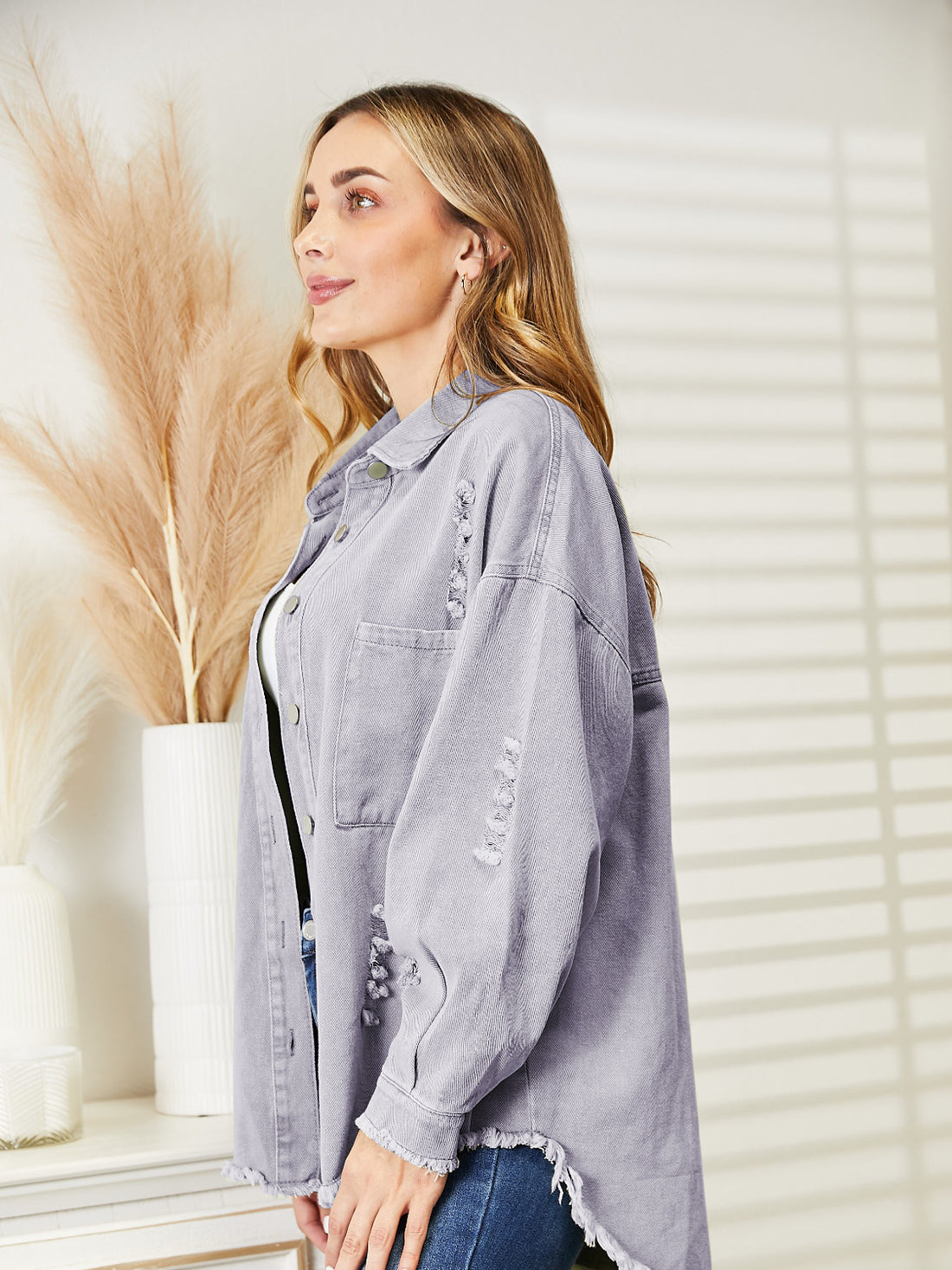 Distressed Raw Hem Denim Jacket - cas7m