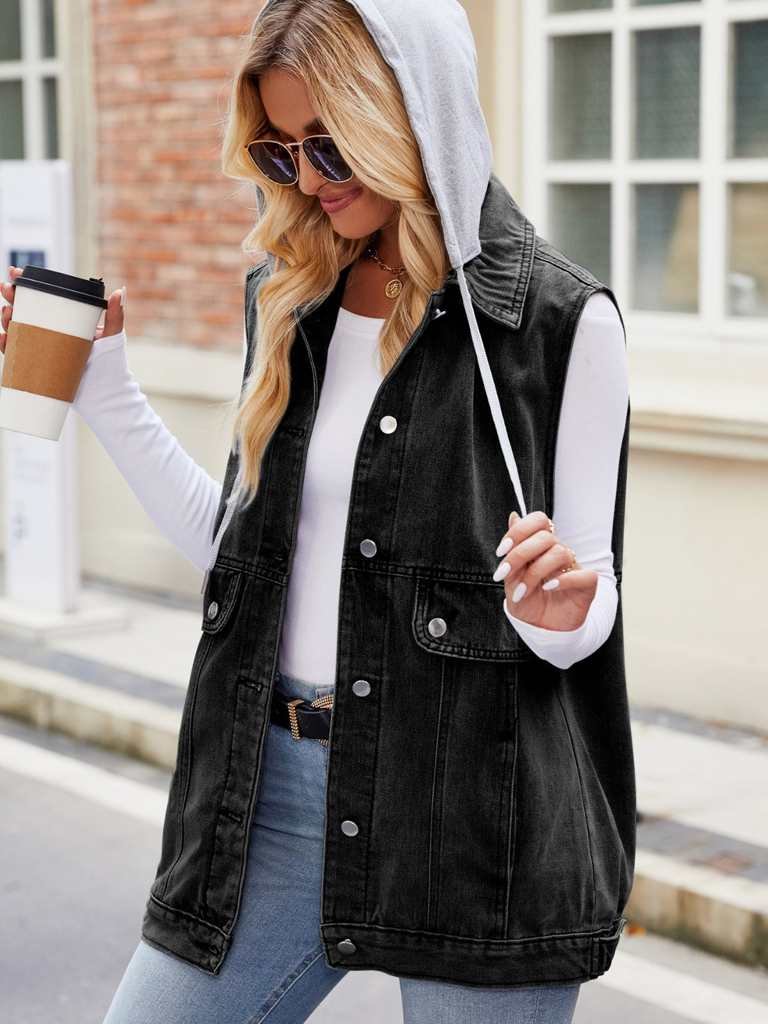 Drawstring Hooded Sleeveless Denim Jacket - cas7m
