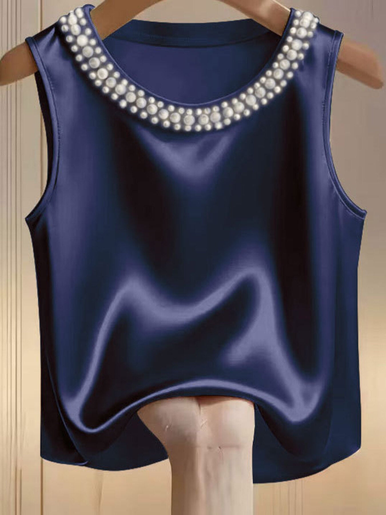 Pearl Embellished Satin Tank Top - cas7m