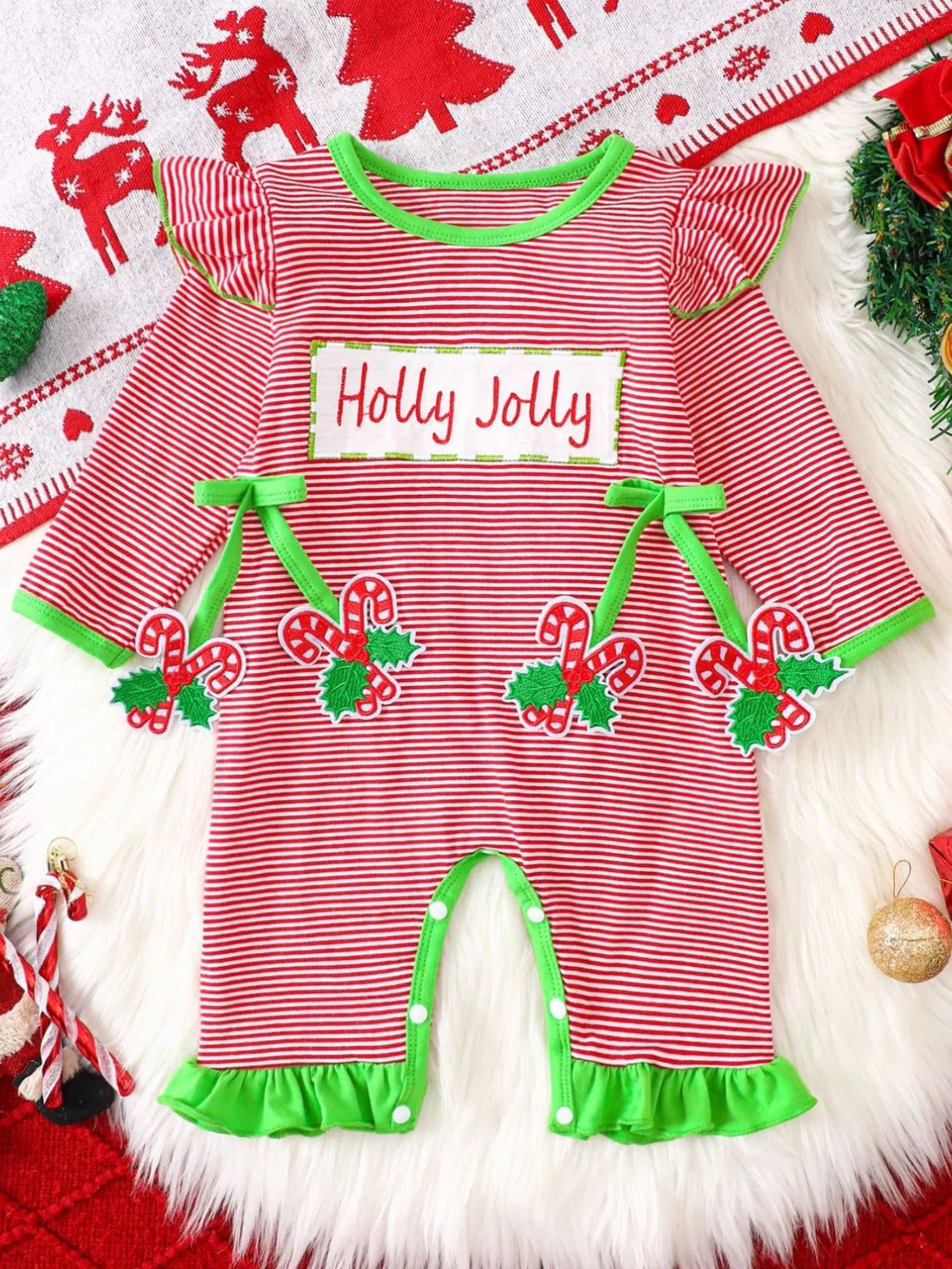 Children's Christmas-Themed Striped Snapped Legs Jumpsuit - cas7m
