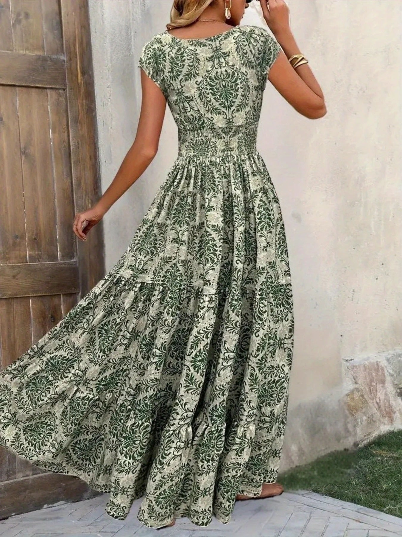 Smocked Tiered Maxi Dress - Chic Polyester Statement - cas7m