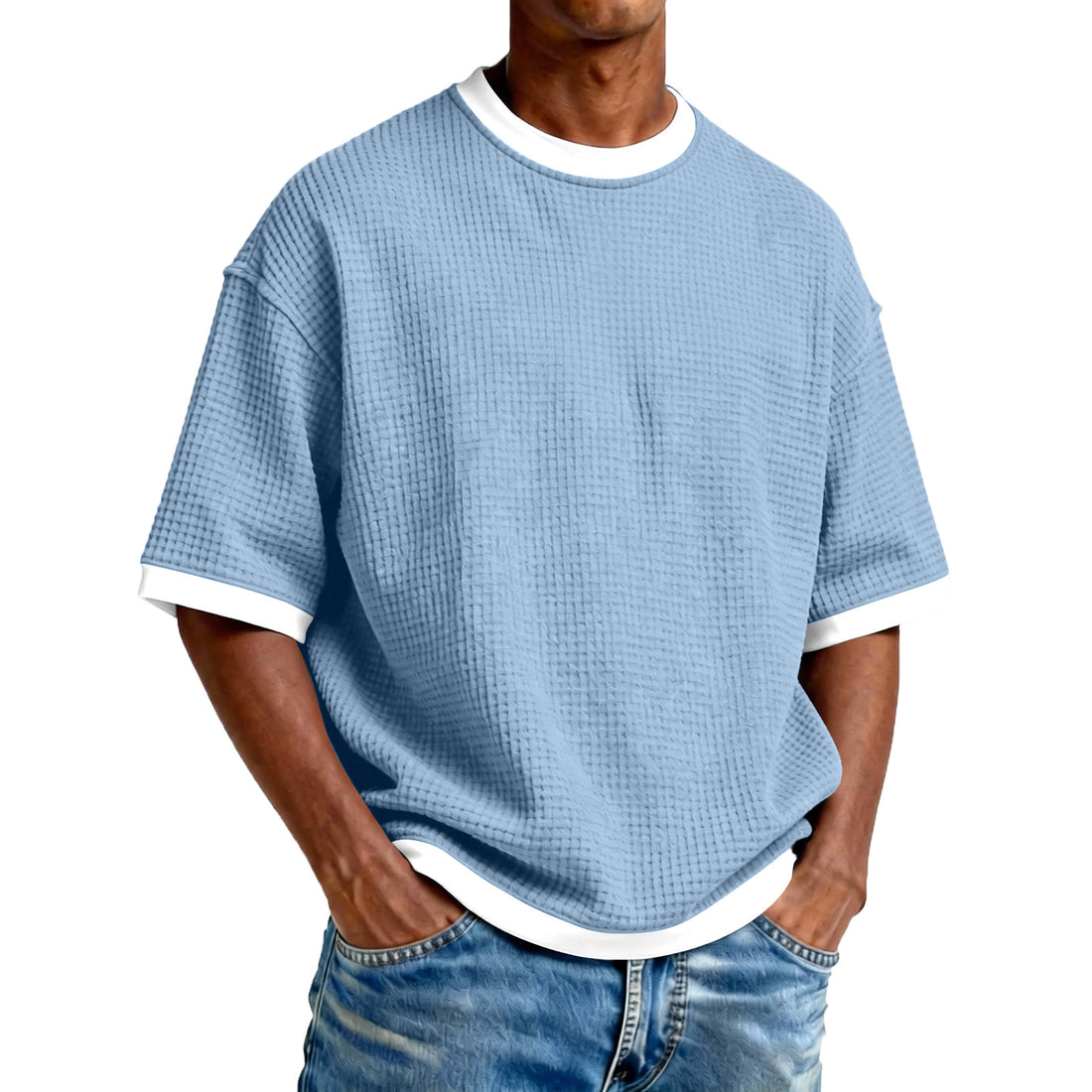 Men's Crew Neck Contrast Color Casual T-Shirt - Cotton Blend Lightweight Short Sleeve Top For Daily Wear - cas7m