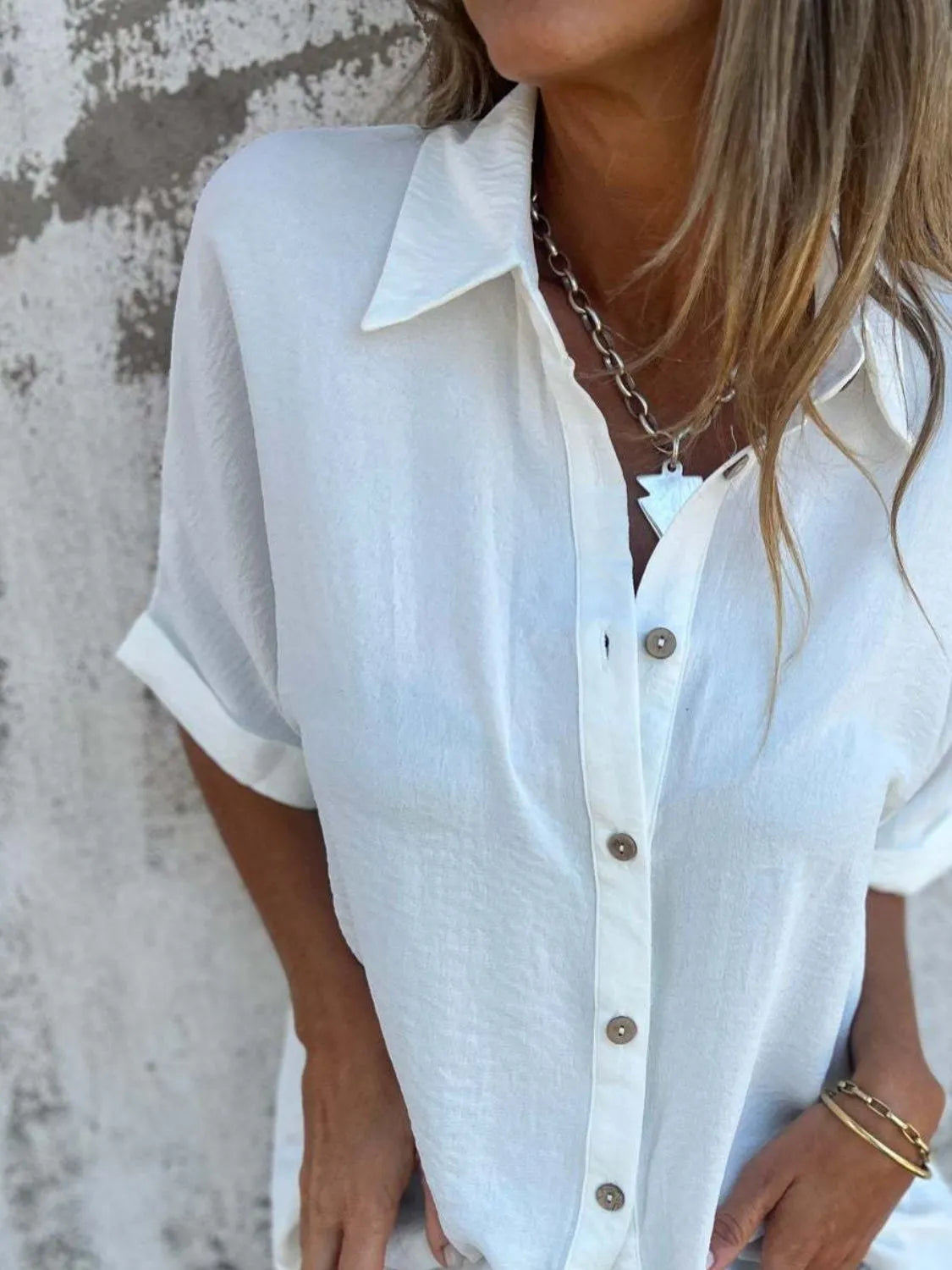 Full Size Collared Neck Half Sleeve Shirt Plus Size - cas7m