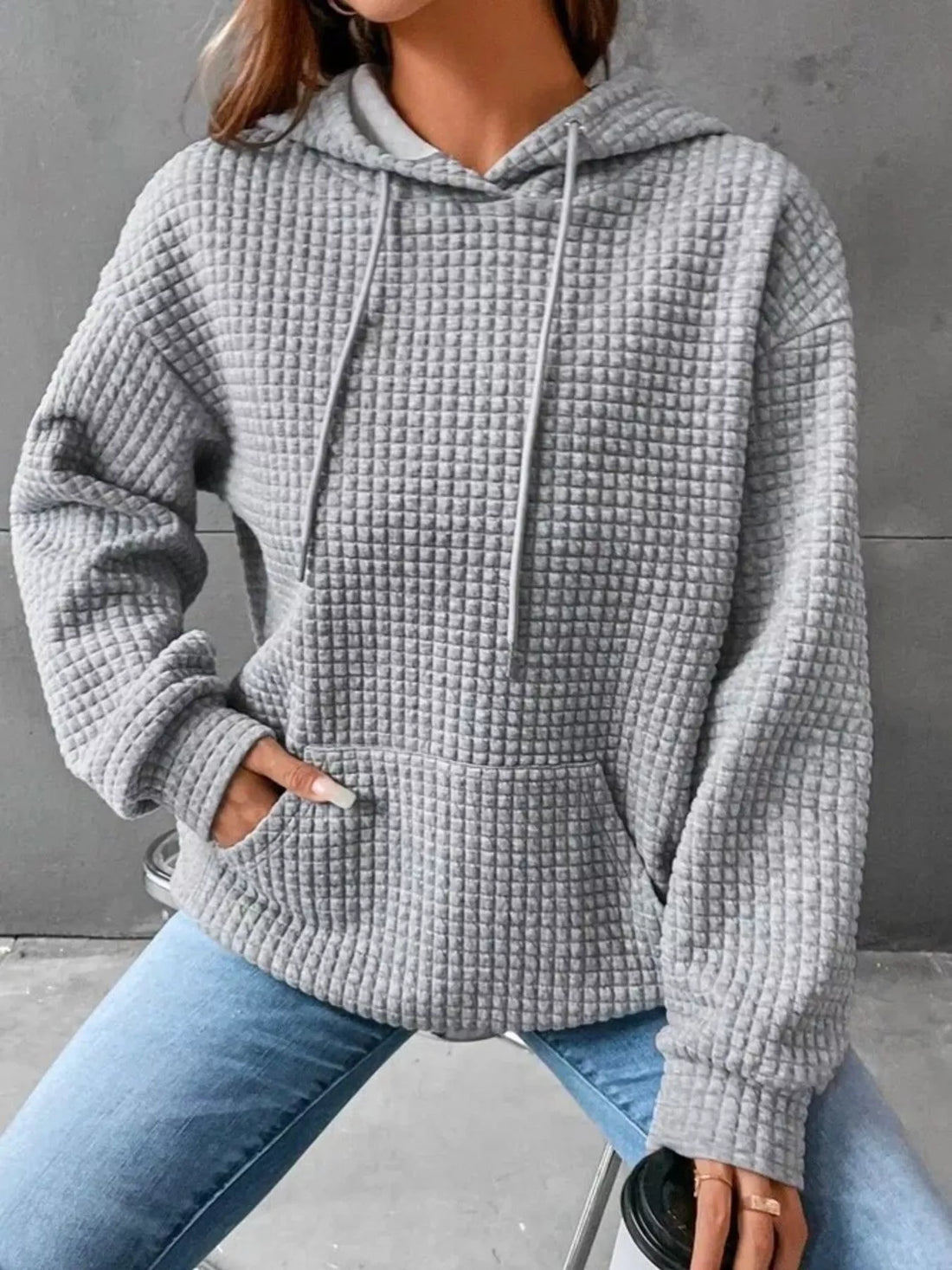 Full Size Textured Kangaroo Pocket Hoodie Plus Size - cas7m