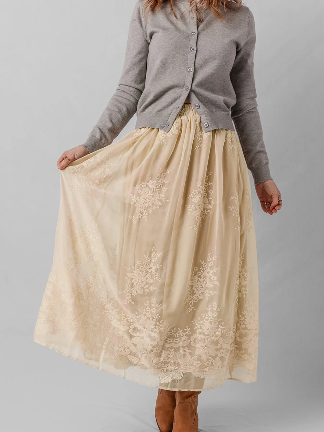 Embroidered Mesh Overlay Flowy Midi Skirt - cas7m