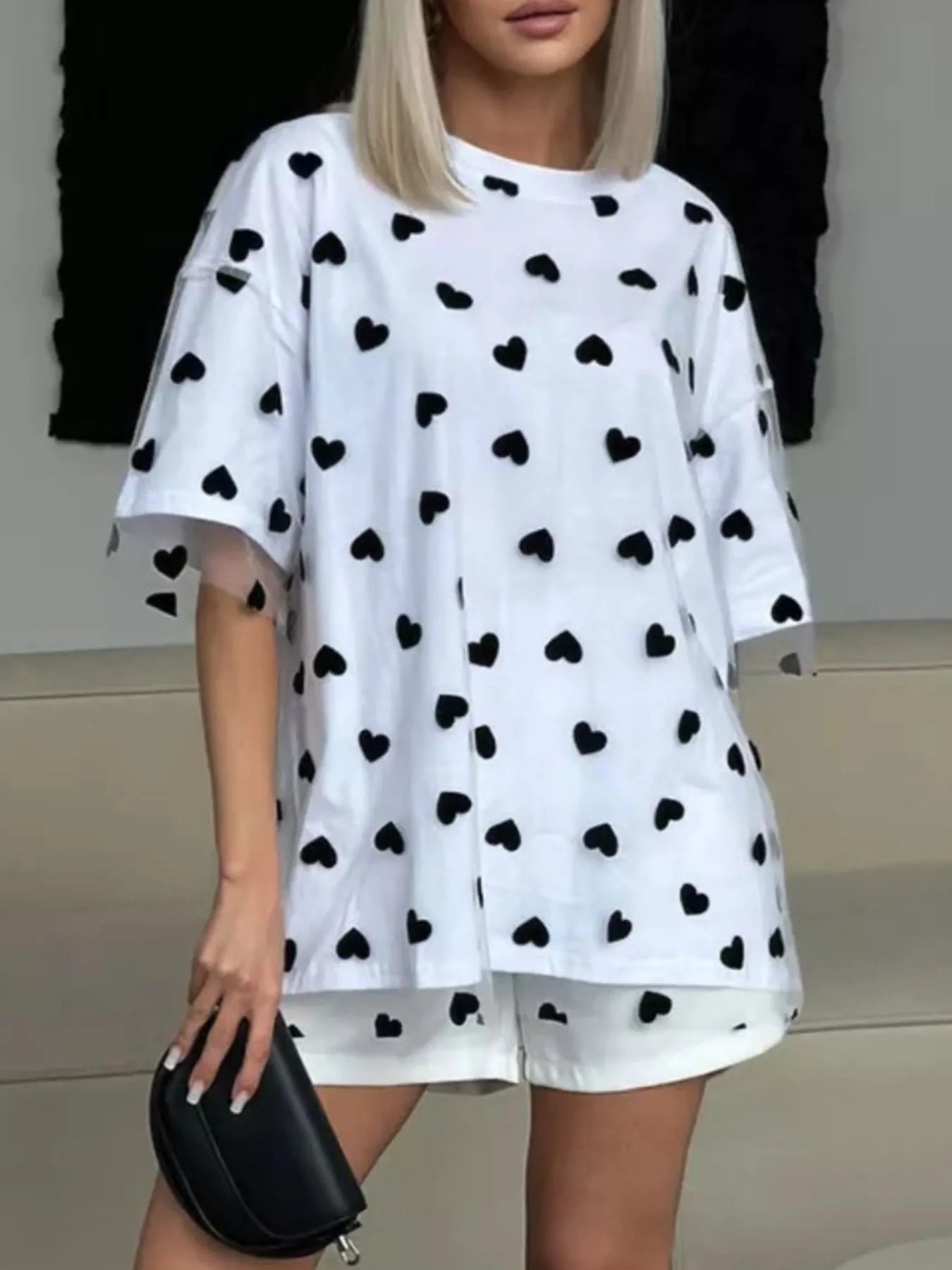 Heart Print Oversized T-Shirt - cas7m