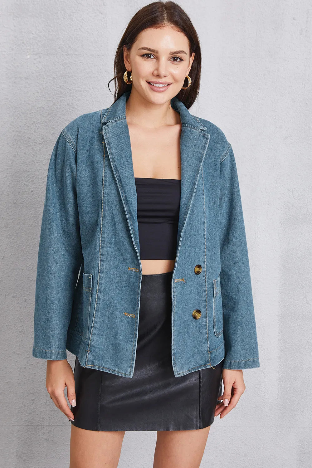 Pocketed Button Up Denim Jacket - cas7m