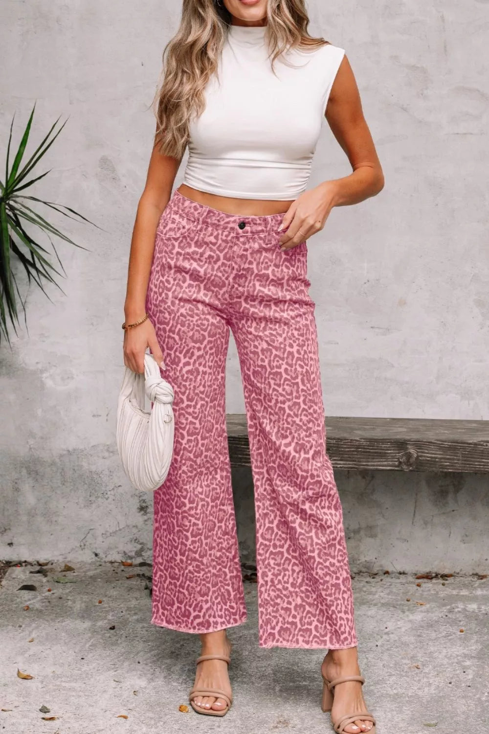 Leopard Frayed Edge Wide Leg High Waist Jeans - cas7m