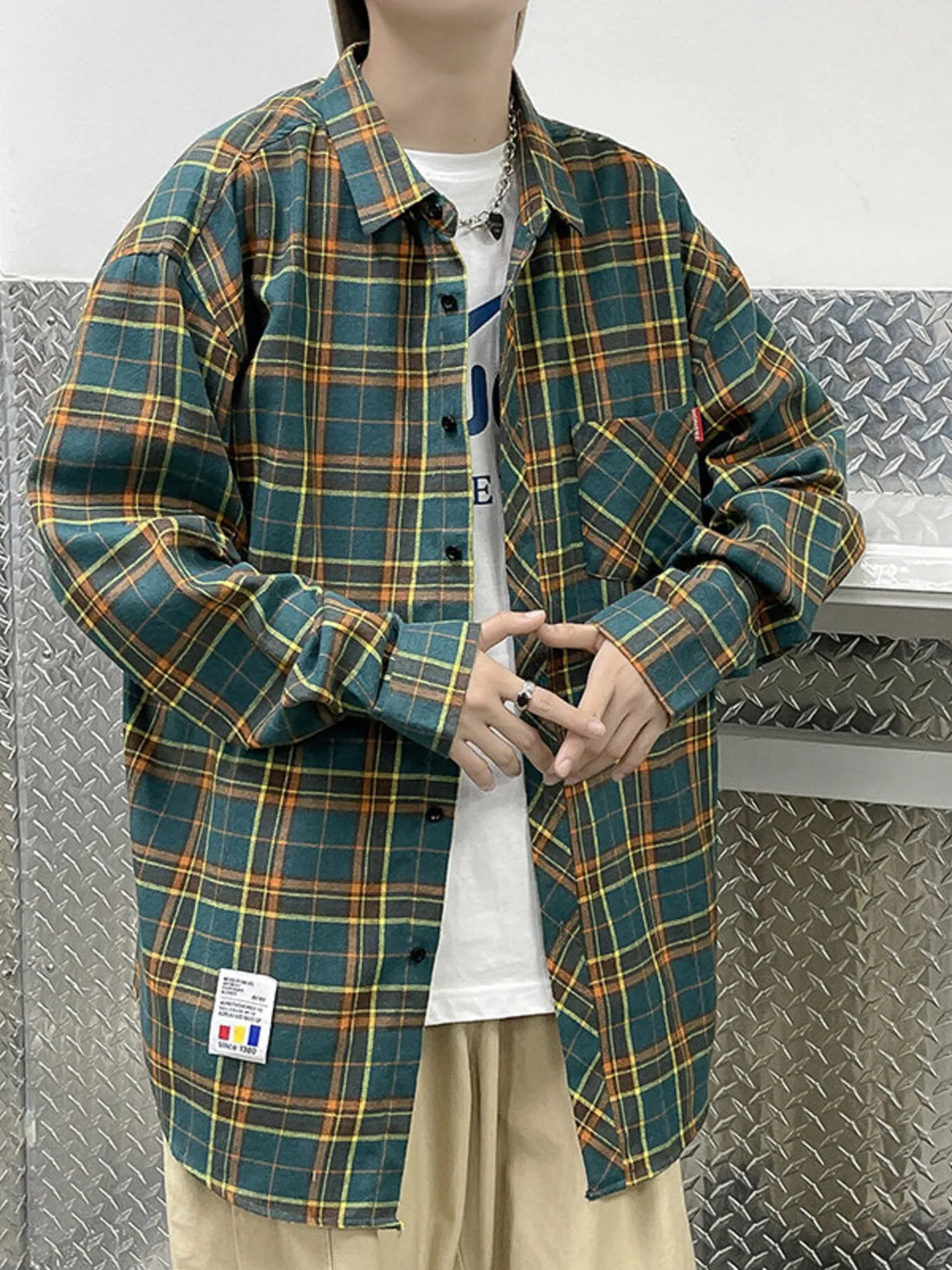 Men's Plus Size Plaid Long Sleeve Shirt - cas7m