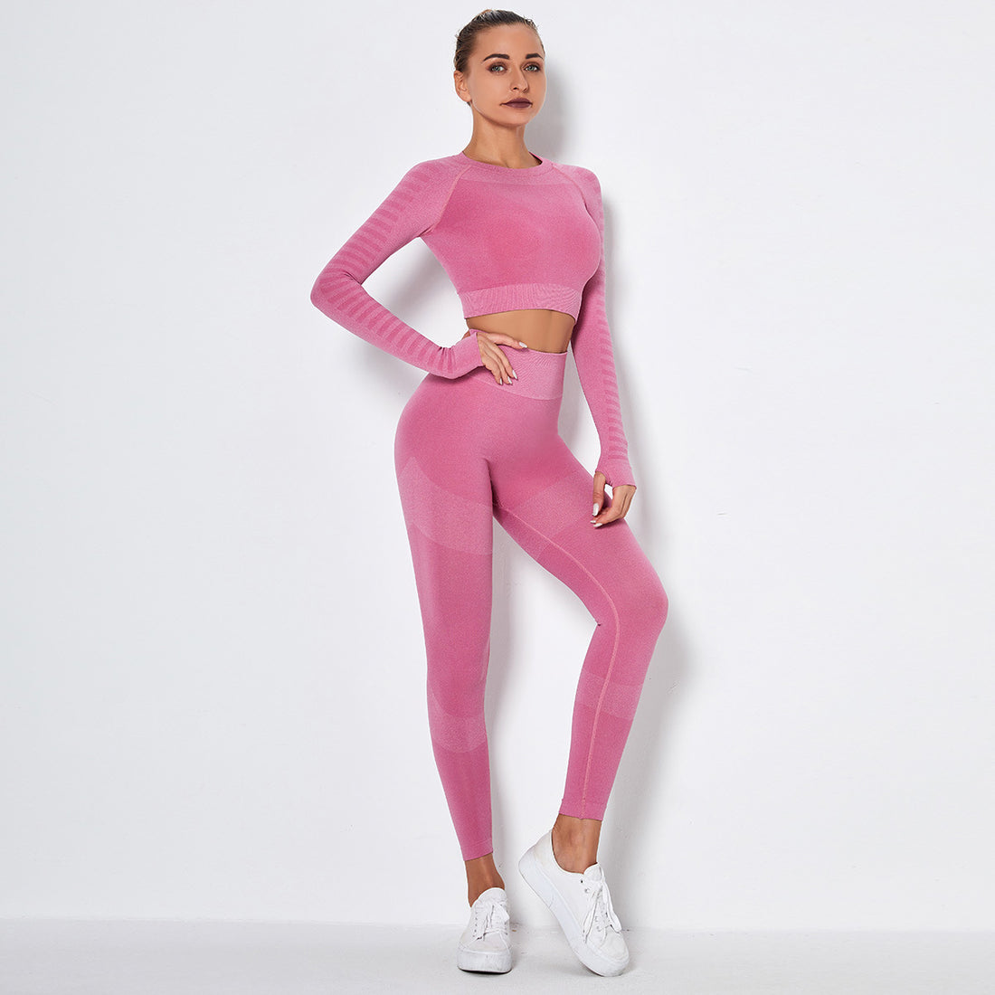 Seamless High-Stretch Yoga Set with Long Sleeve Top - cas7m