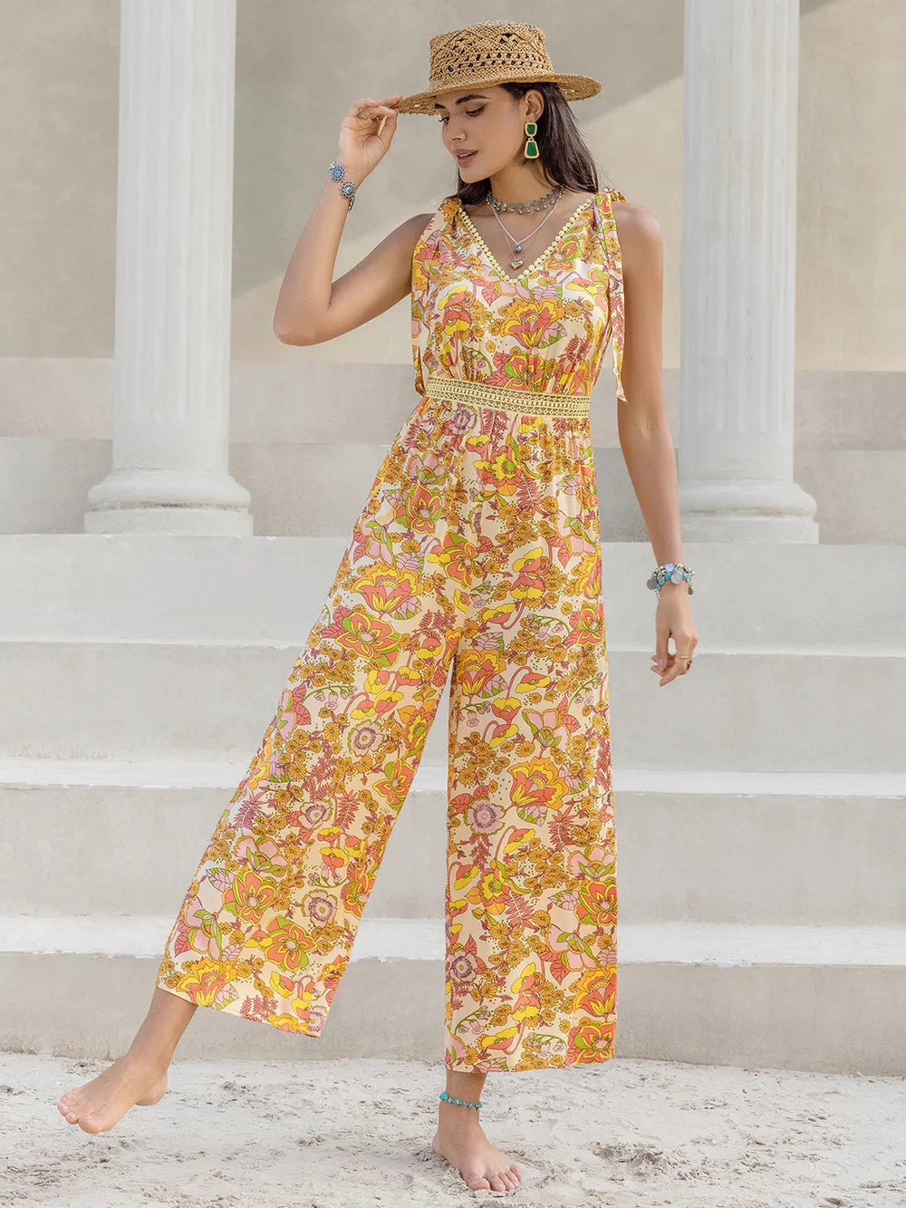 Printed V-Neck Tie Shoulder Jumpsuit - cas7m