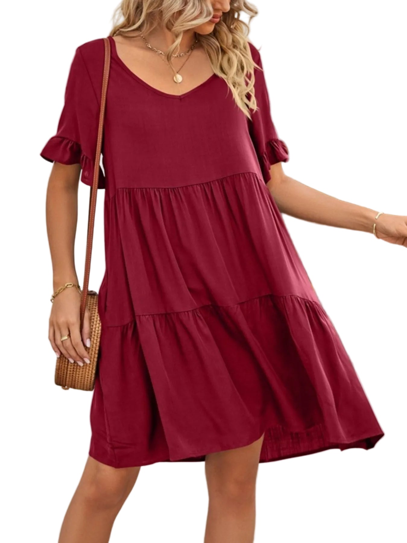 Ruffled Sleeve Tiered Mini Dress - cas7m