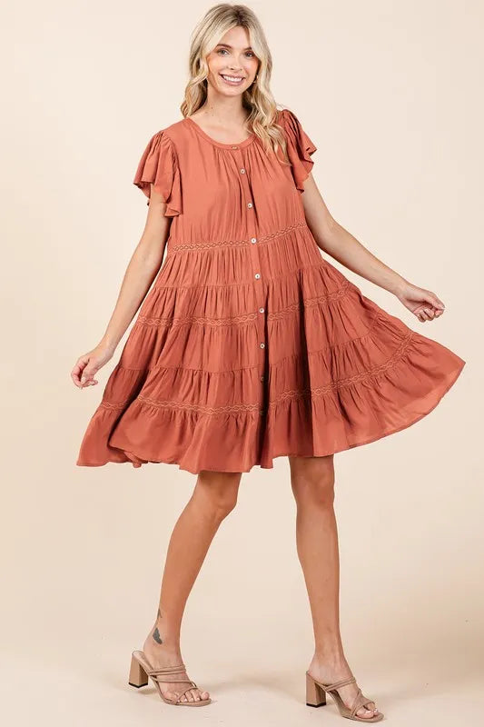 Mittoshop Lace Detail Ruffled Button Down Tiered Dress - cas7m