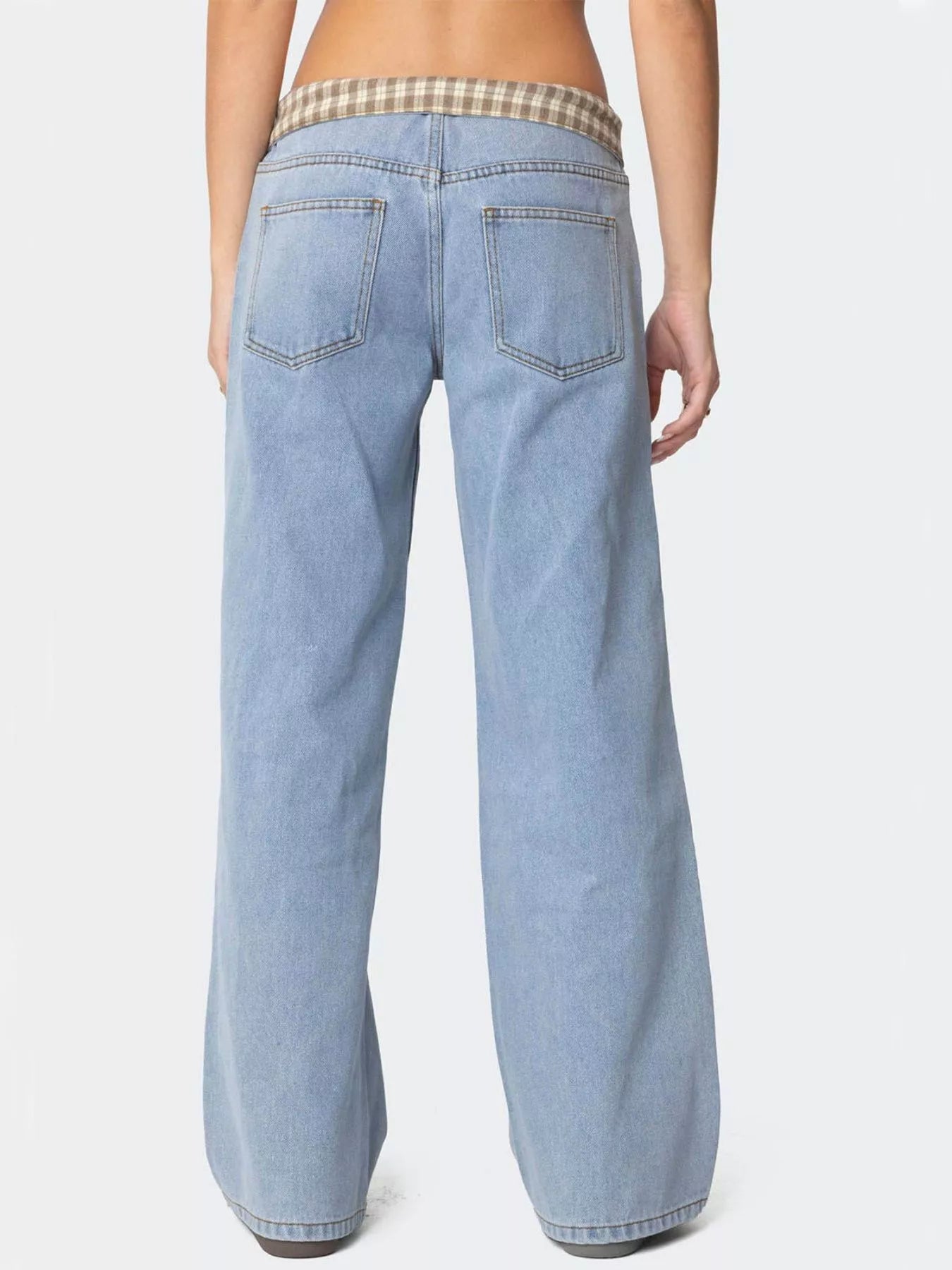 Plaid Trim Wide Leg Jeans - cas7m