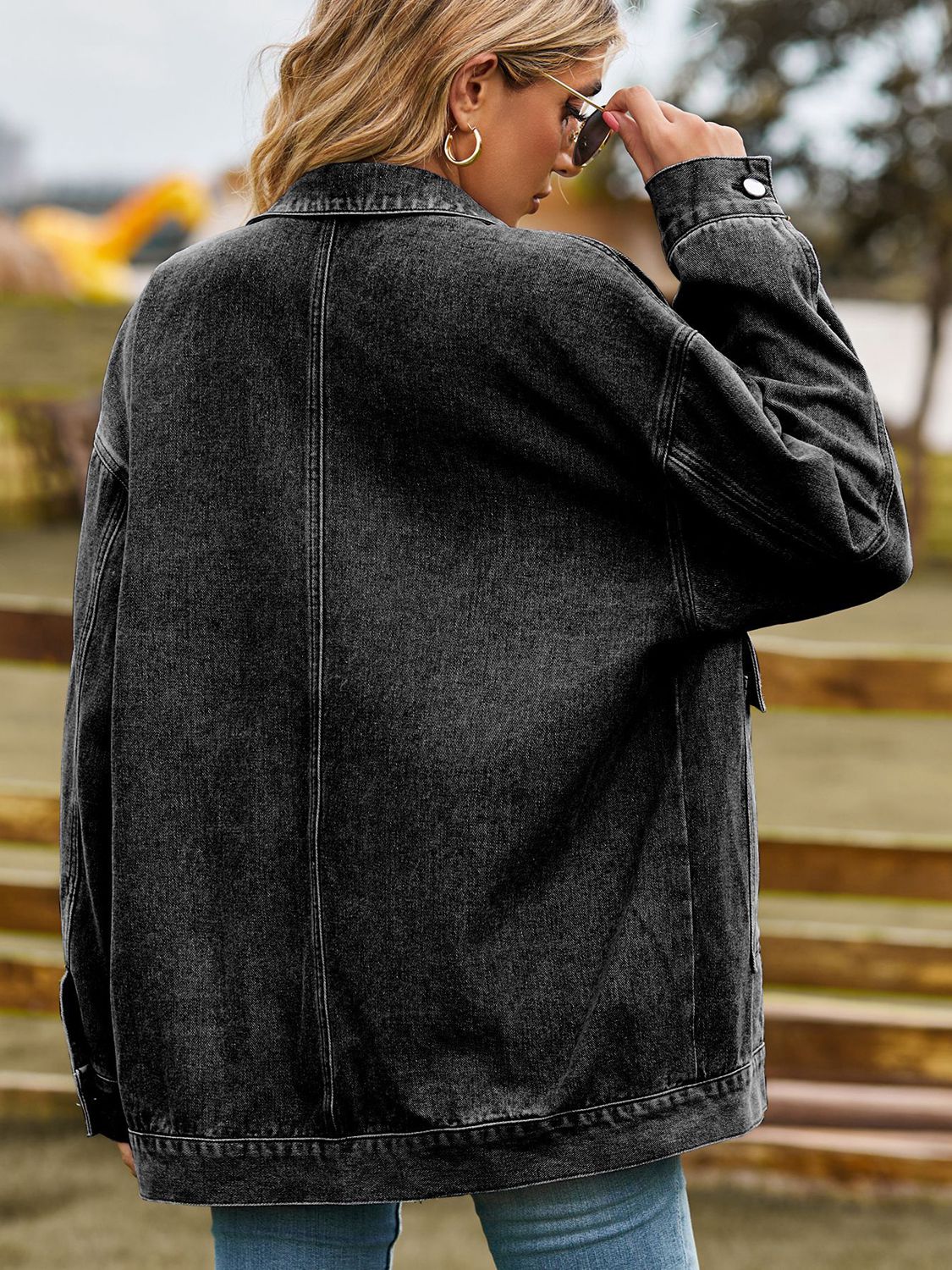 Dropped Shoulder Denim Jacket with Pockets - cas7m