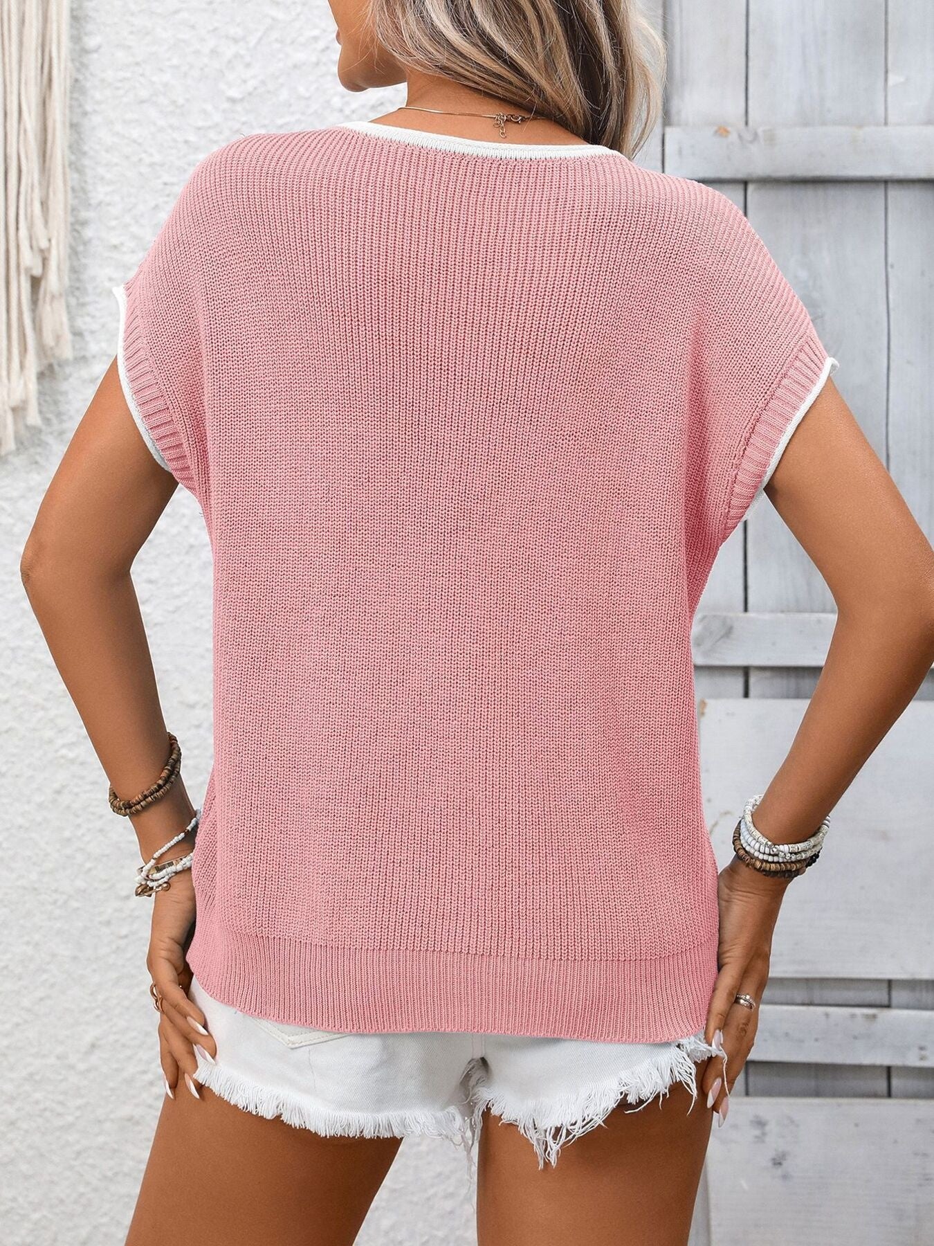 Contrast Trim Short Sleeve Sweater - cas7m