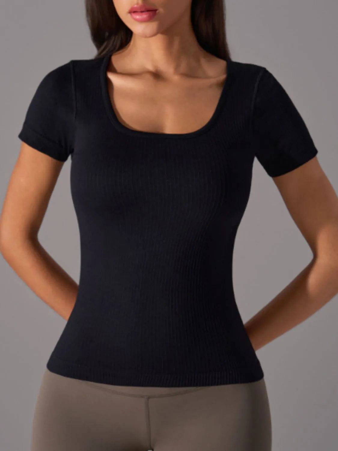 Square Neck Active T-Shirt with Detachable Chest Pads - cas7m