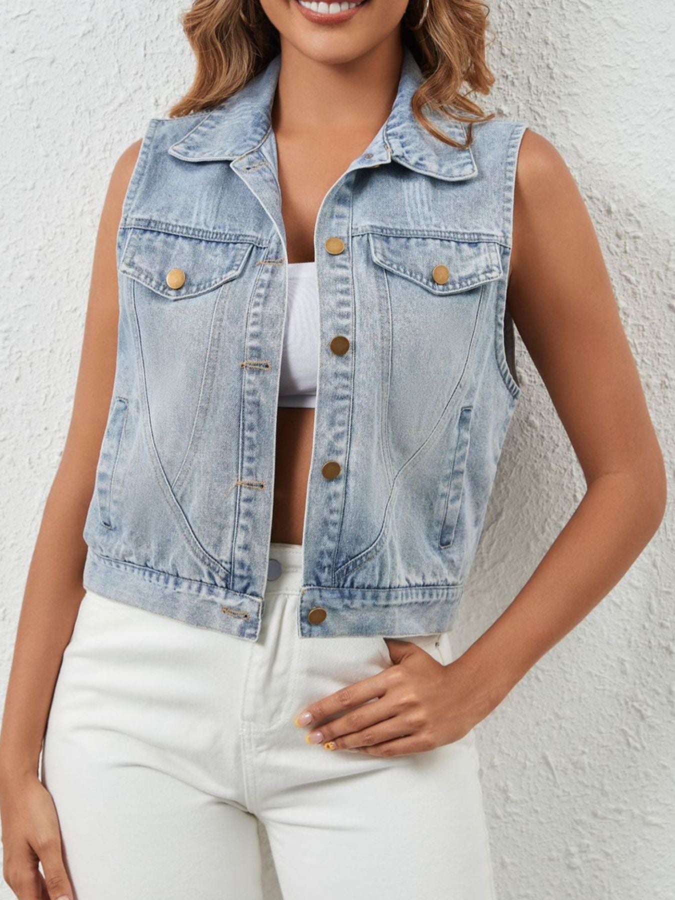 Sleeveless Button Up Denim Jacket - cas7m