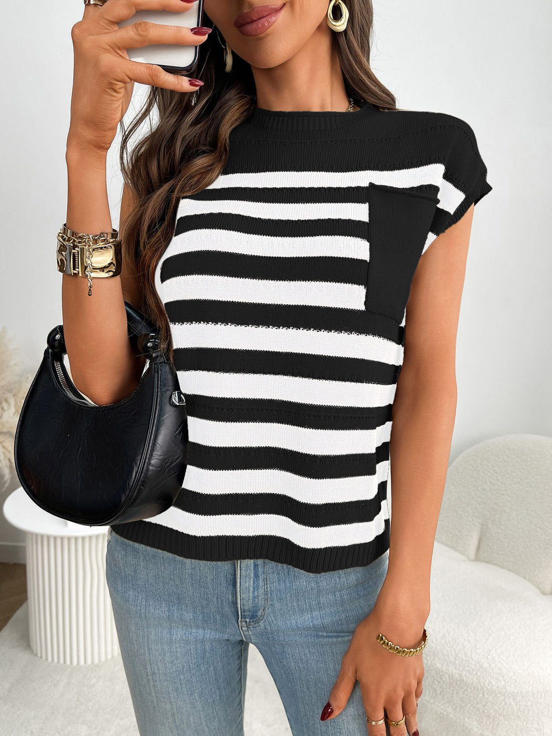 Striped Knit Pocket Detail Cap Sleeve Sweater - cas7m