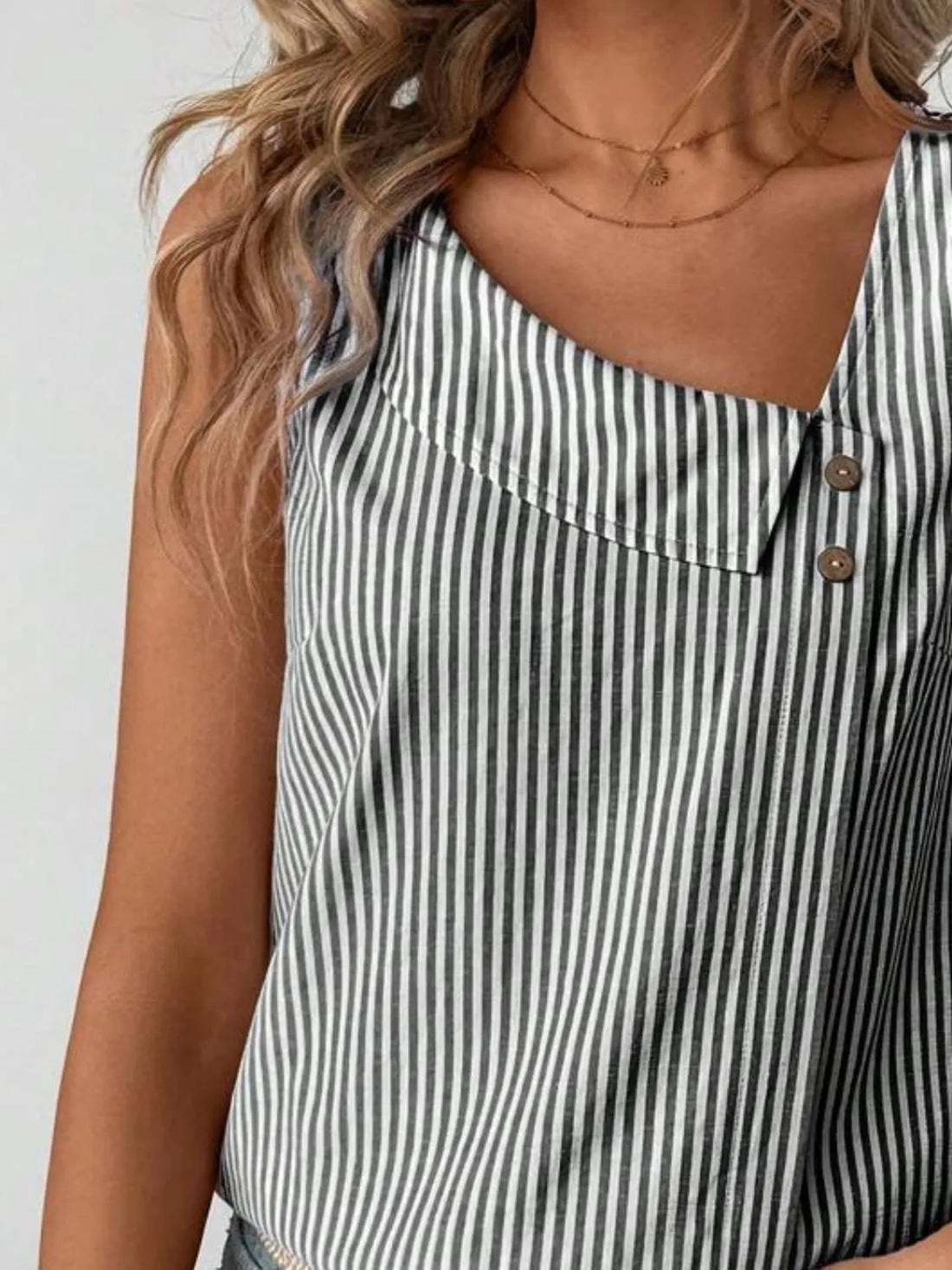 Decorative Button Asymmetrical Striped Tank - cas7m
