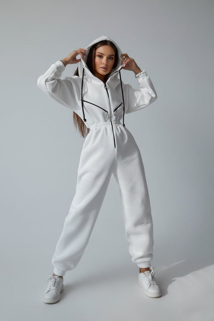 Hooded Zip-Up Long Sleeve Jumpsuit - cas7m