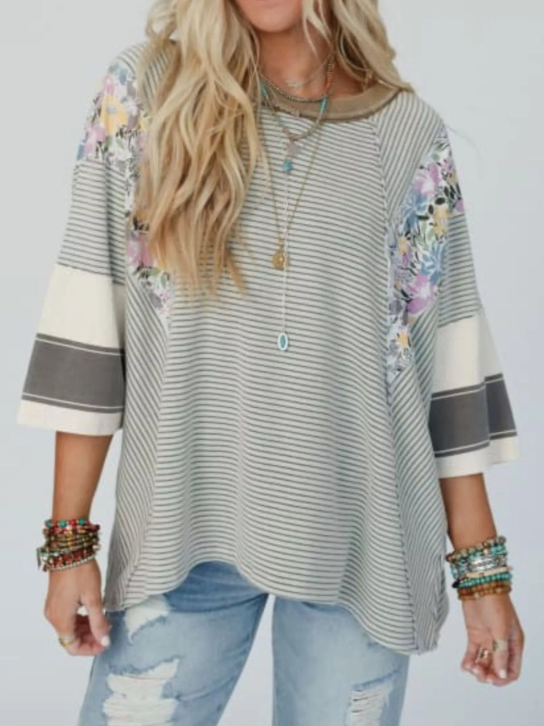 Striped Floral Long Sleeve T-Shirt - cas7m