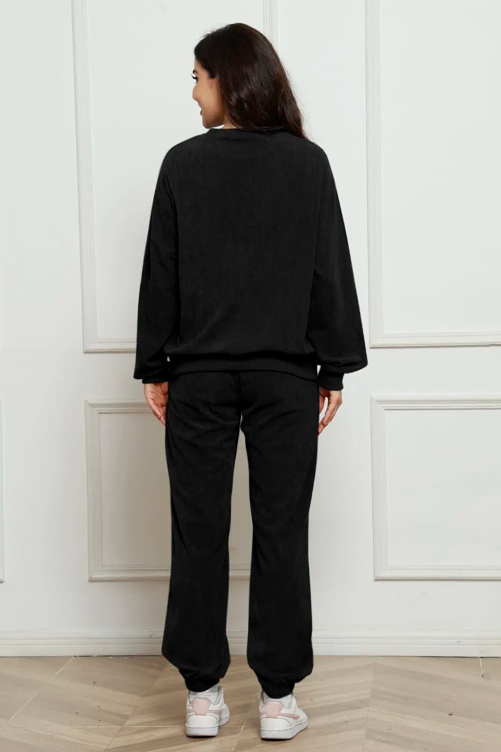 Corduroy Round Neck Sweatshirt and Sweatpants Set - cas7m