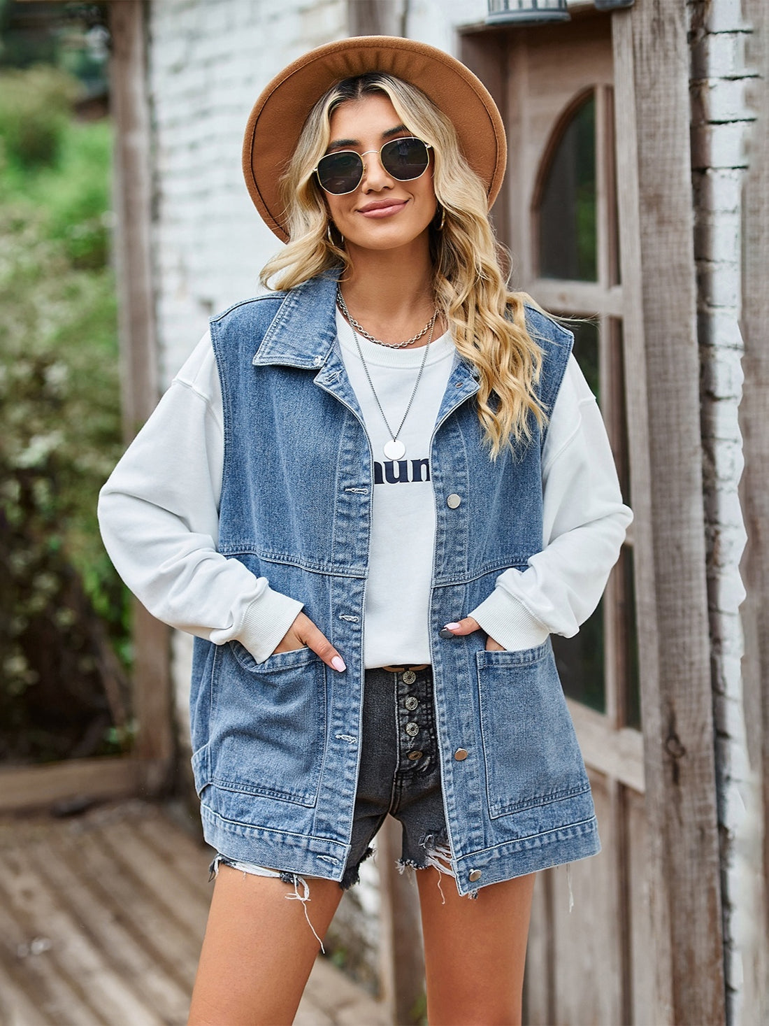 Button Front Sleeveless Denim Jacket - cas7m