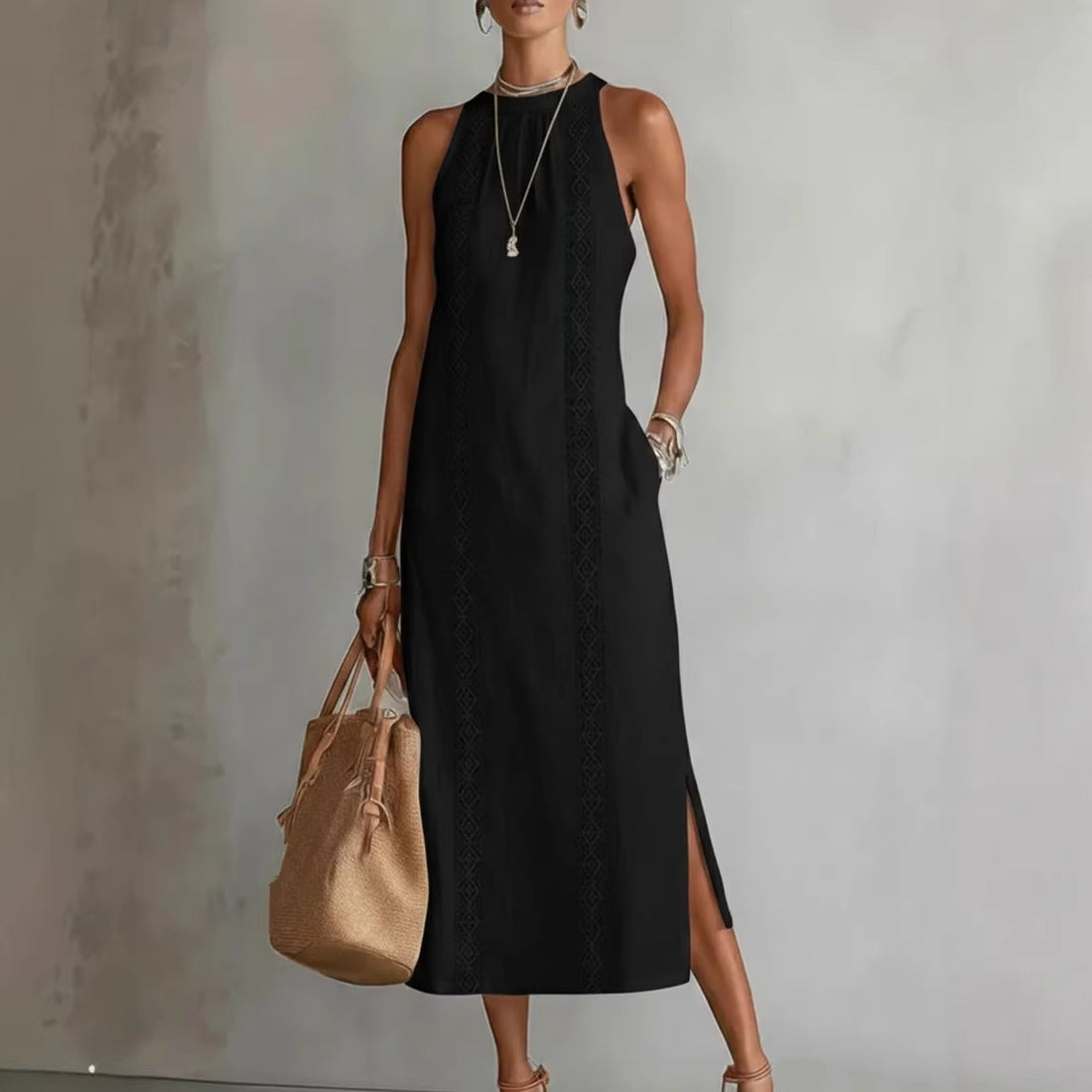 Women's Halter Neck Sleeveless Dress Lace Patchwork Holiday Style Summer Top - cas7m