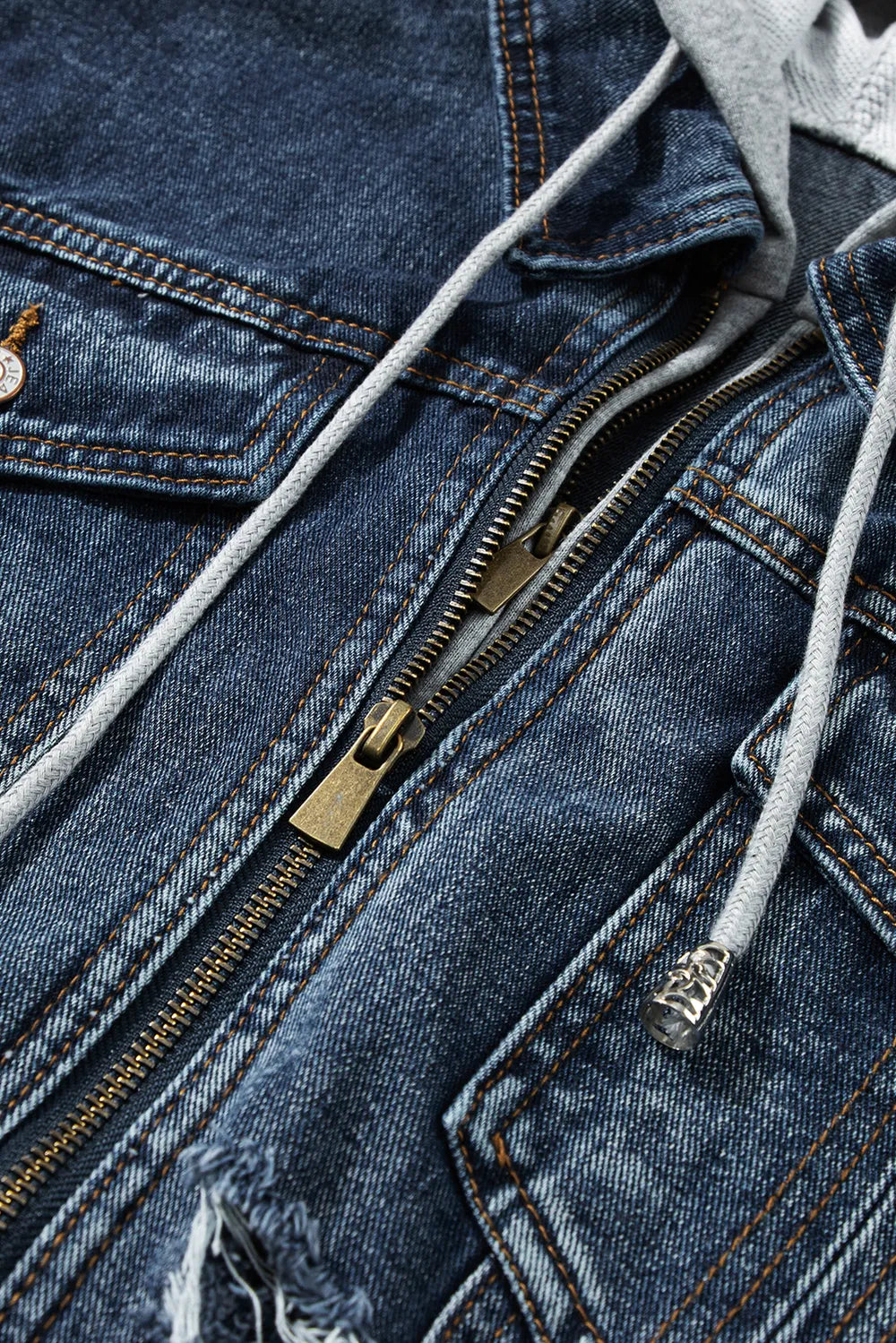 Fake Two-Piece Hooded Zip-Up Denim Jacket - cas7m