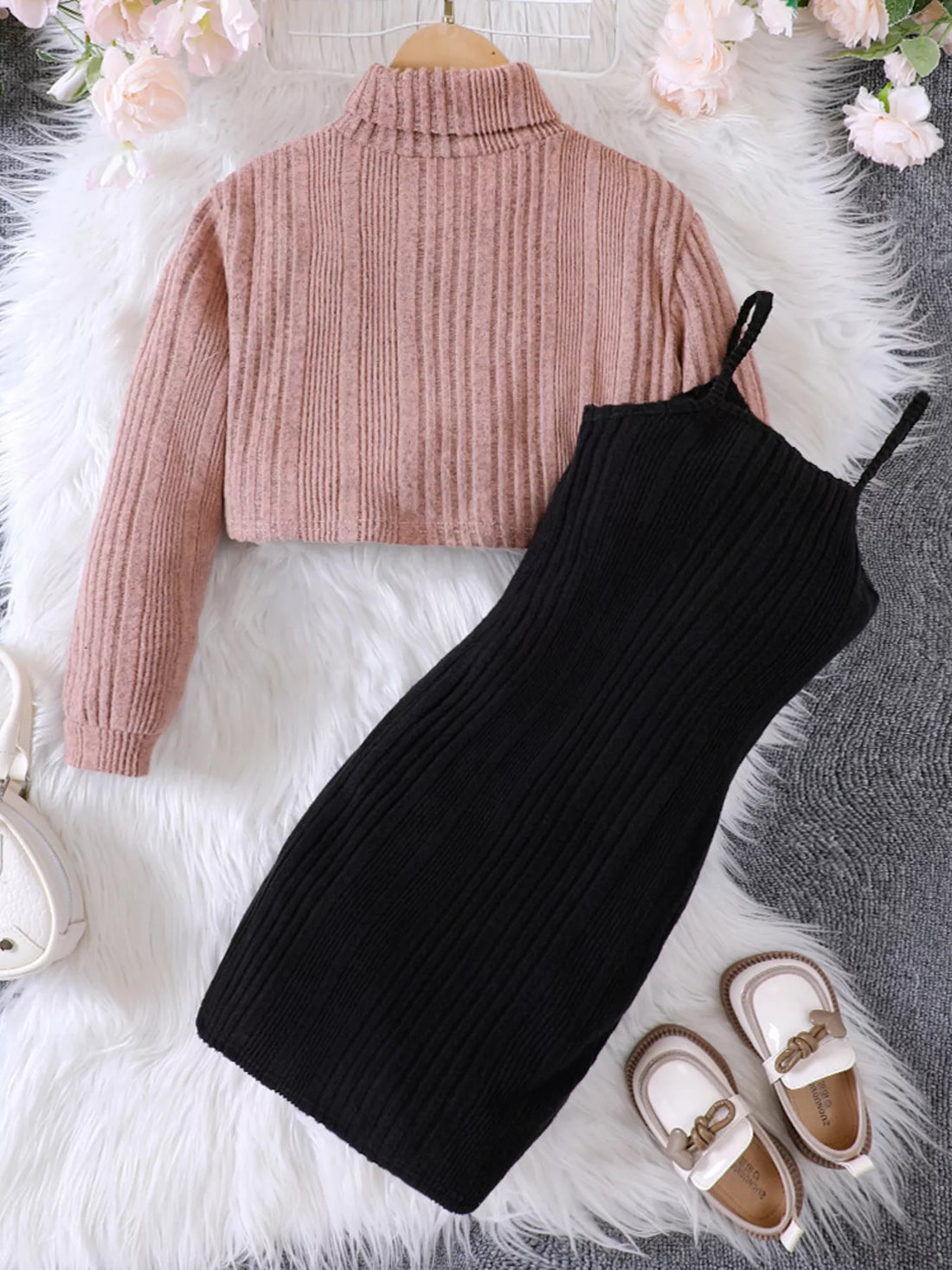 Children's Ribbed Knit Two-Tone Dress Set - cas7m