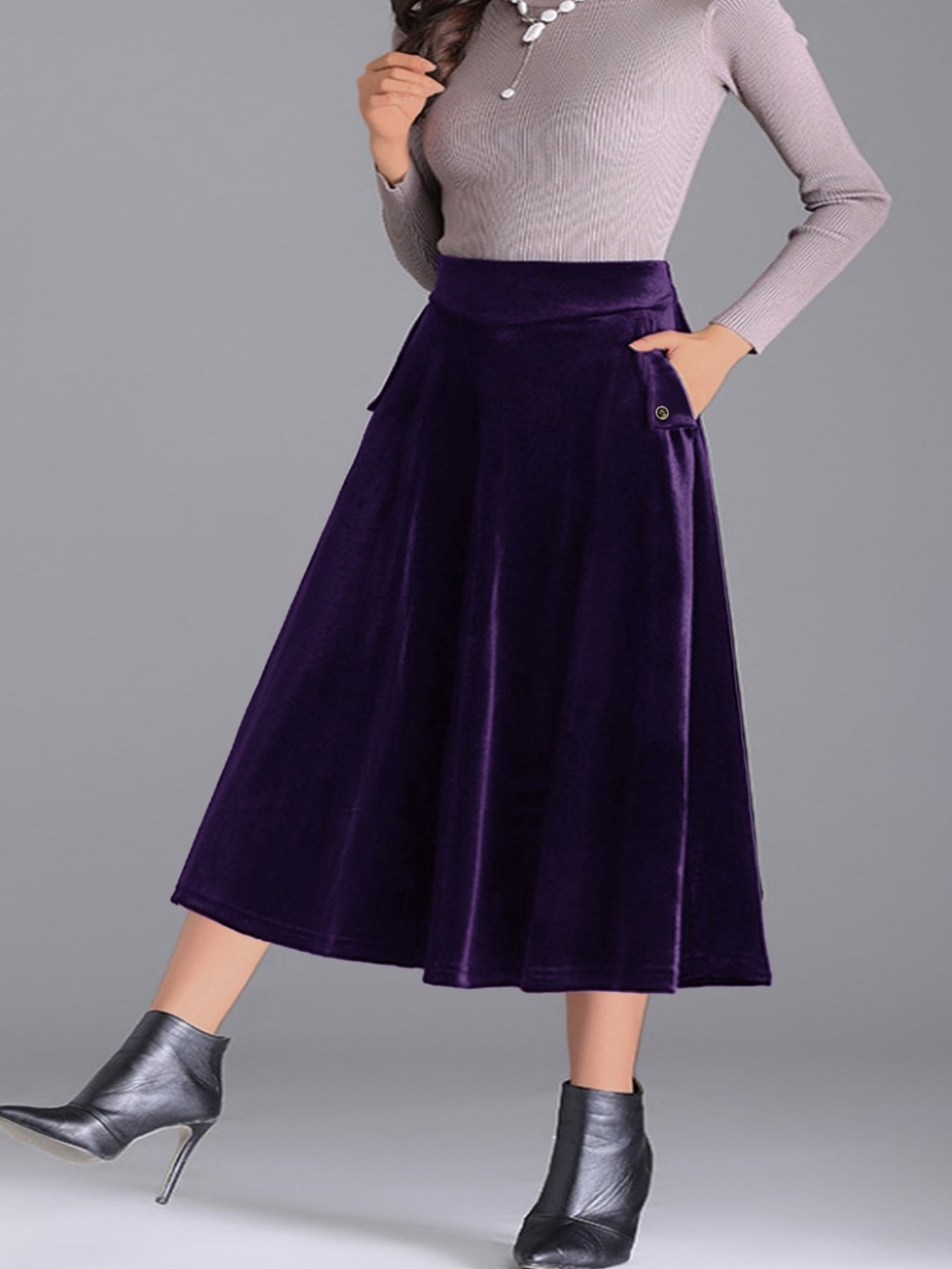 Plus Size Elegant Velvet A-Line Midi Skirt - cas7m