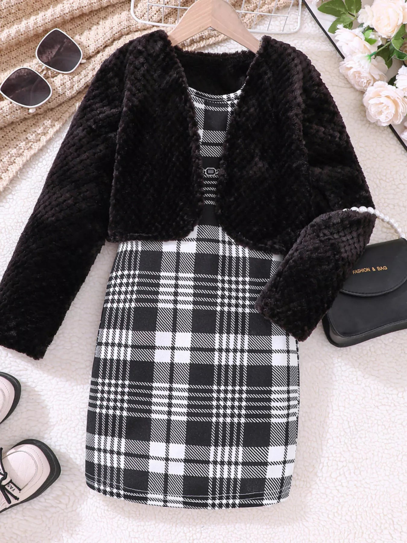 Children's Fuzzy Cardigan & Plaid Dress Set - cas7m