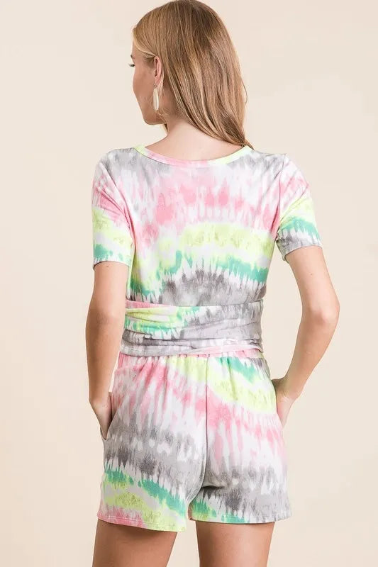BiBi Tie Dye Print Shorts With Twill Tape Drawstring - cas7m
