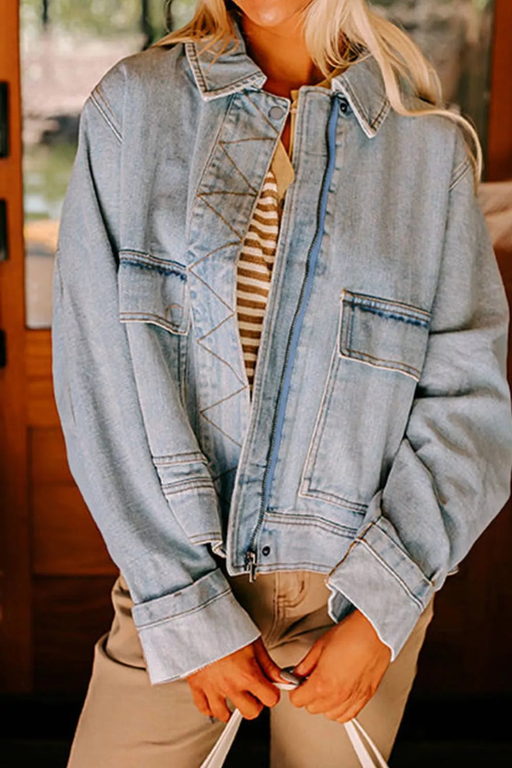 Zip Up Drop Shoulder Denim Jacket - cas7m