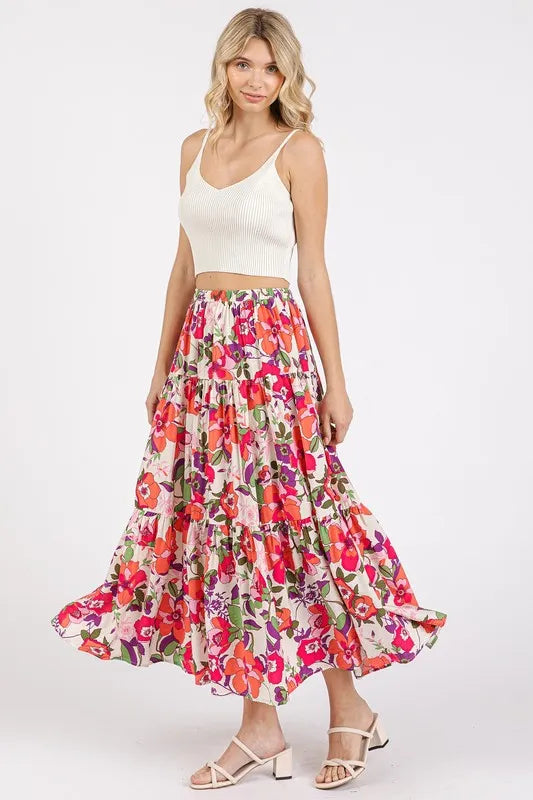 Mittoshop Flower Print Elastic Waist Tiered Skirt - cas7m