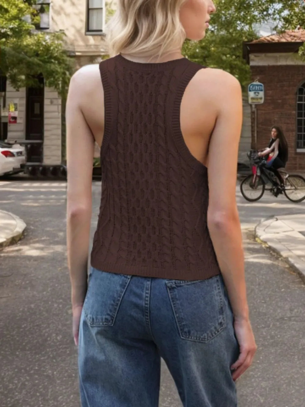 Cable-Knit V-Neck Knit Tank - cas7m