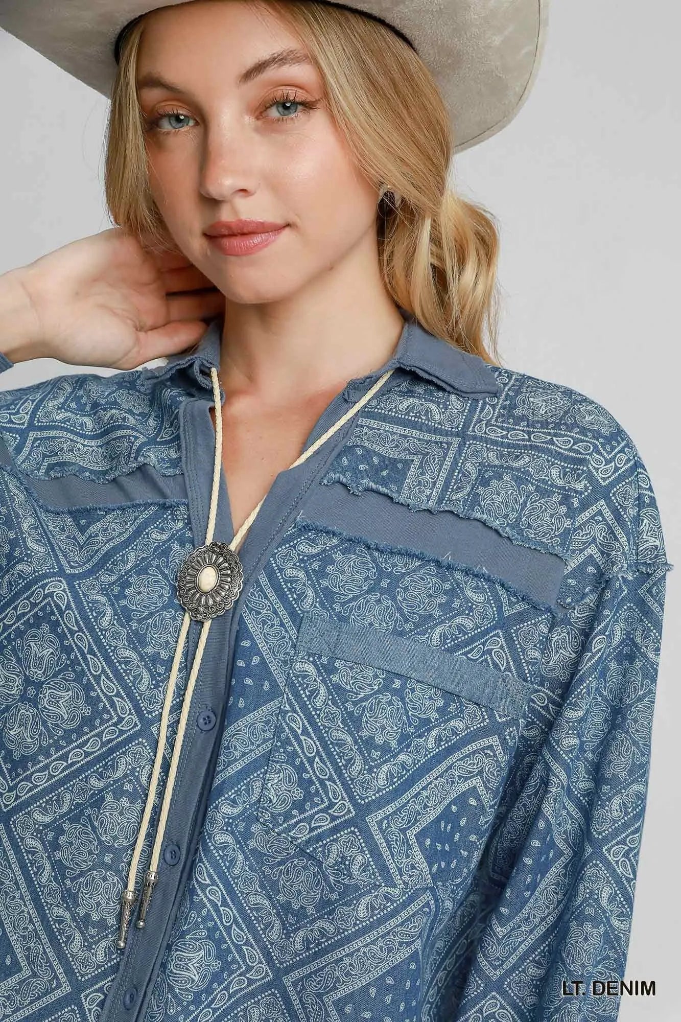 Umgee Paisley Print Denim Shirt Jacket - cas7m