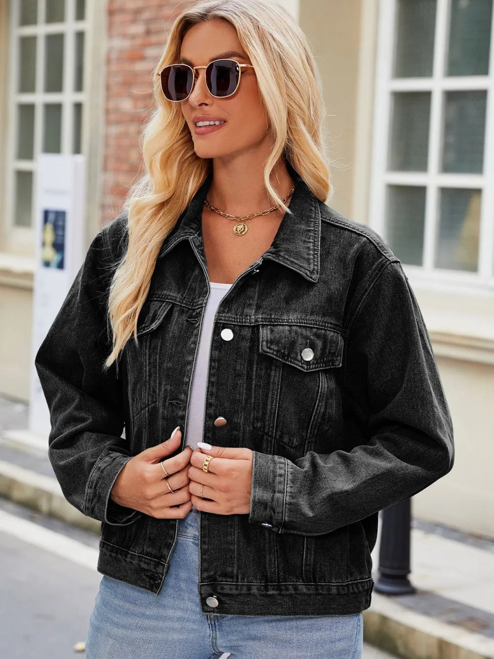 Pocketed Collared Neck Denim Jacket - cas7m