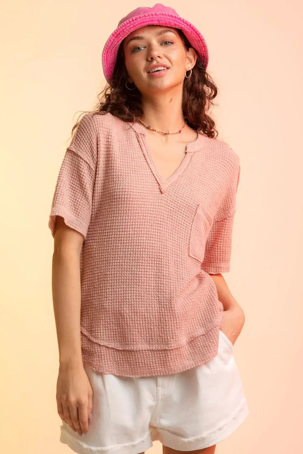 Waffle-Knit Notched Half Sleeve T-Shirt - cas7m