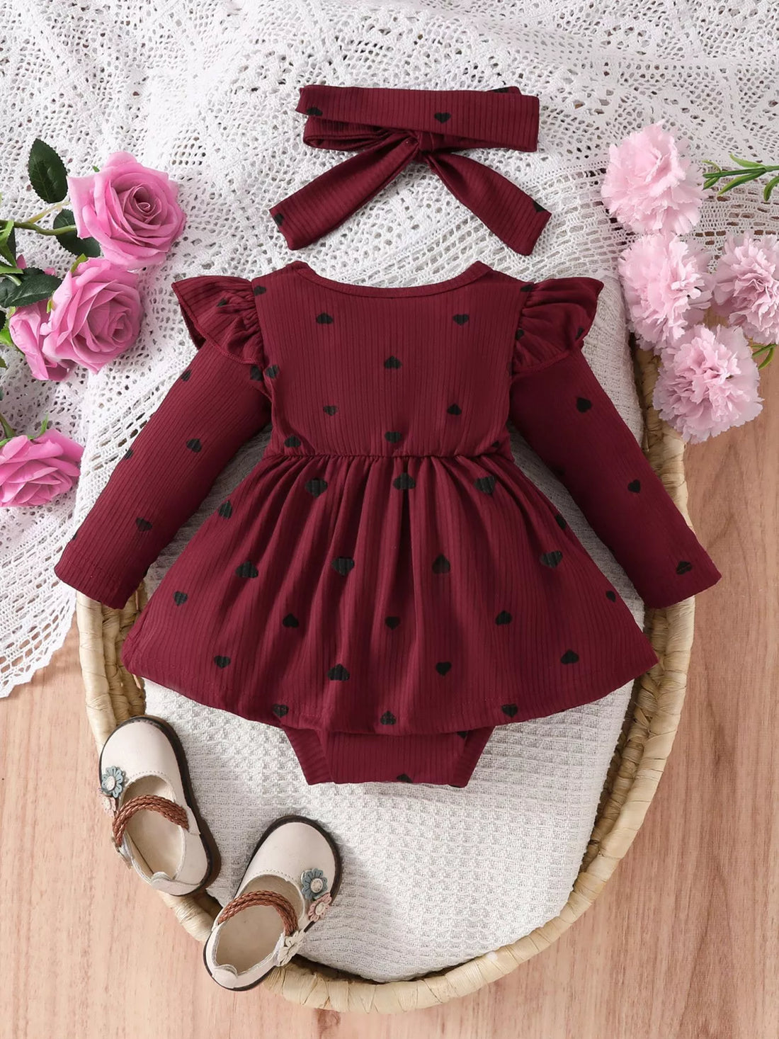 Children's Heart Print Ruffle Trim Bodysuit Dress with Headband - cas7m