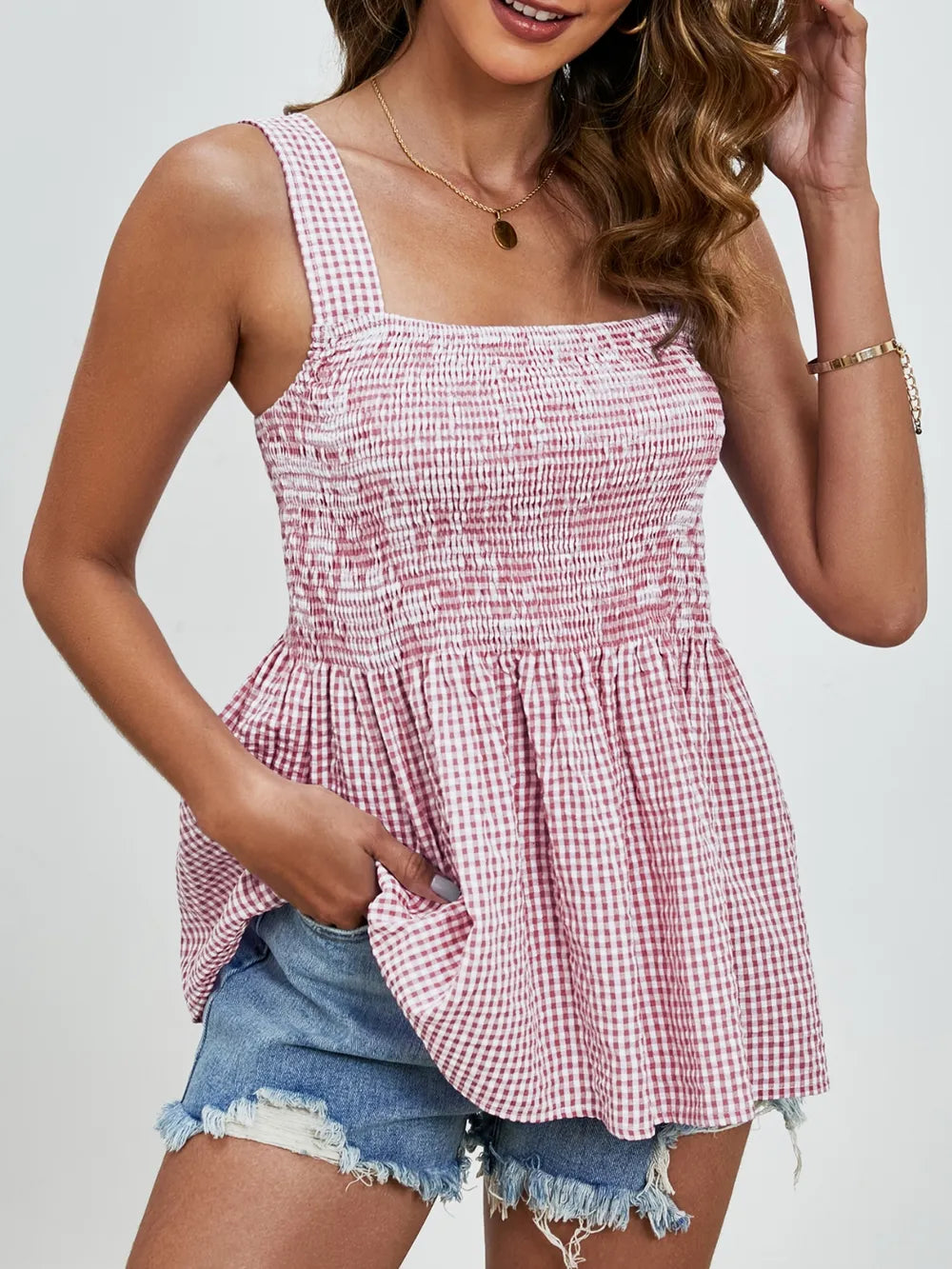 Smocked Plaid Square Neck Tank - cas7m
