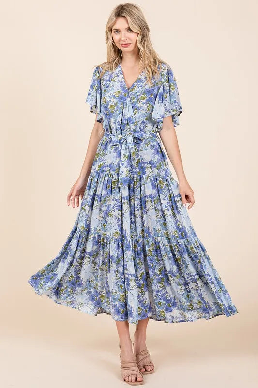 Mittoshop Floral Tie Waist Flutter Sleeve Tiered Dress - cas7m