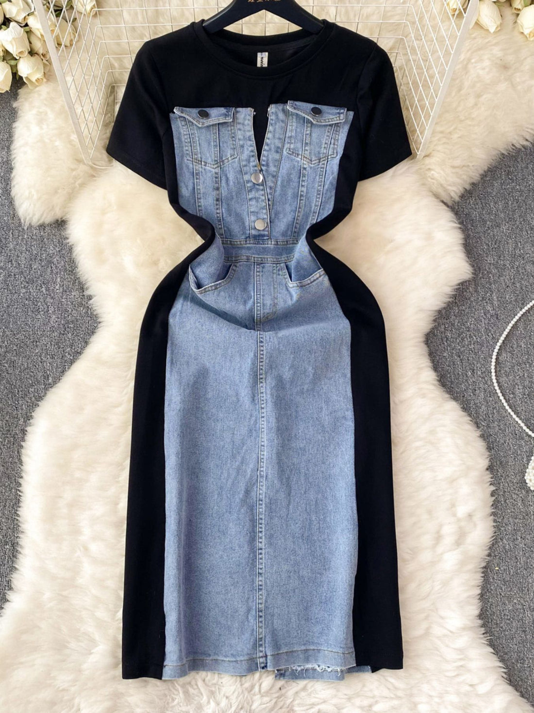 Full Size Denim Patchwork Short Sleeve Slit Back Dress Plus Size - cas7m