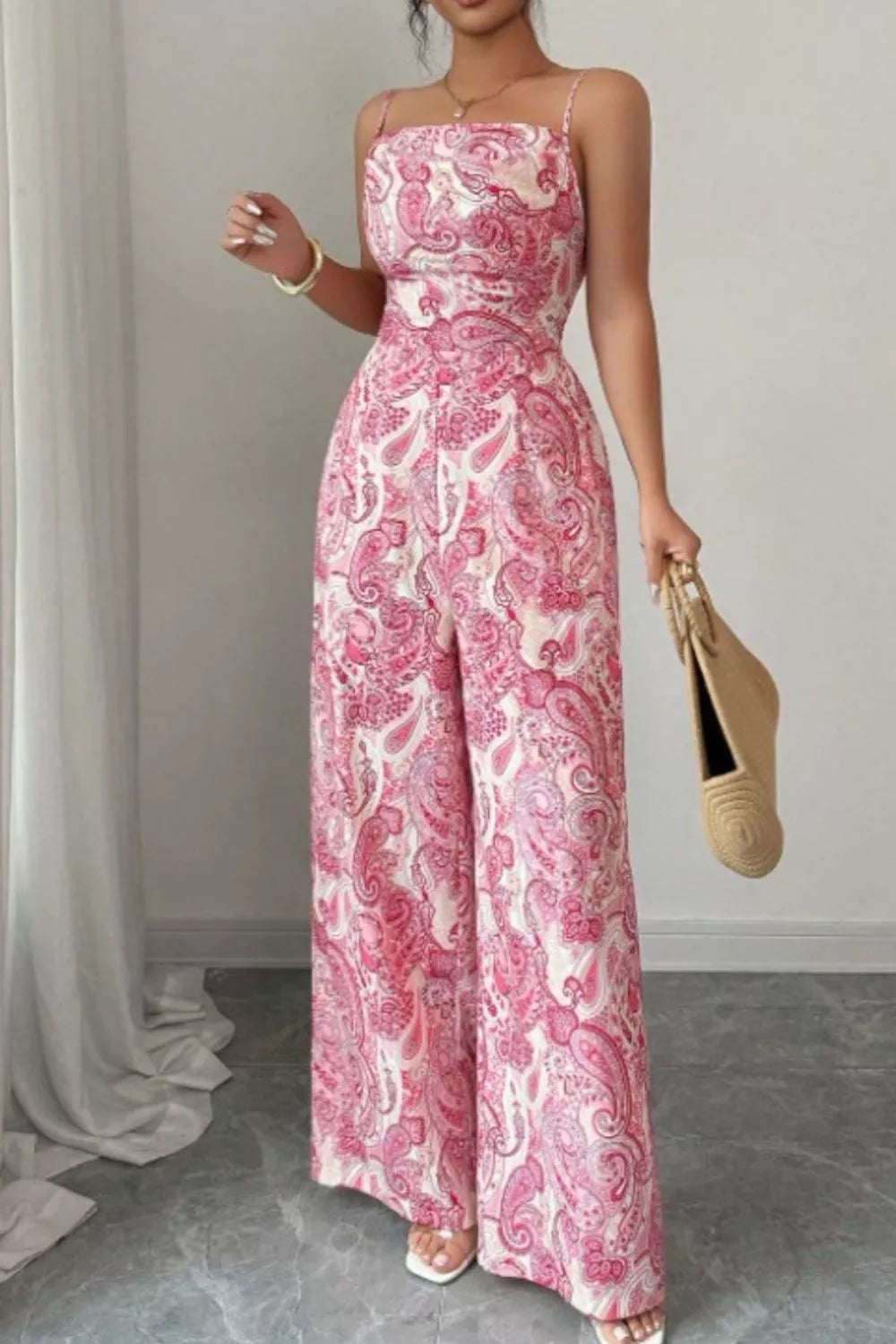 Paisley Print Wide Leg Jumpsuit - cas7m
